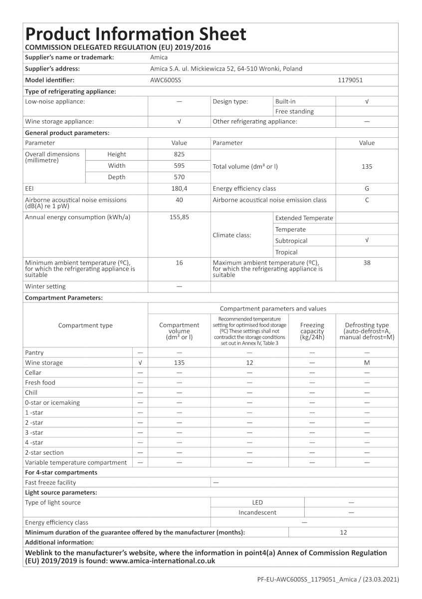 Amica AWC600BL 46 Bottle 2 Zone Wine Cooler Black Hughes