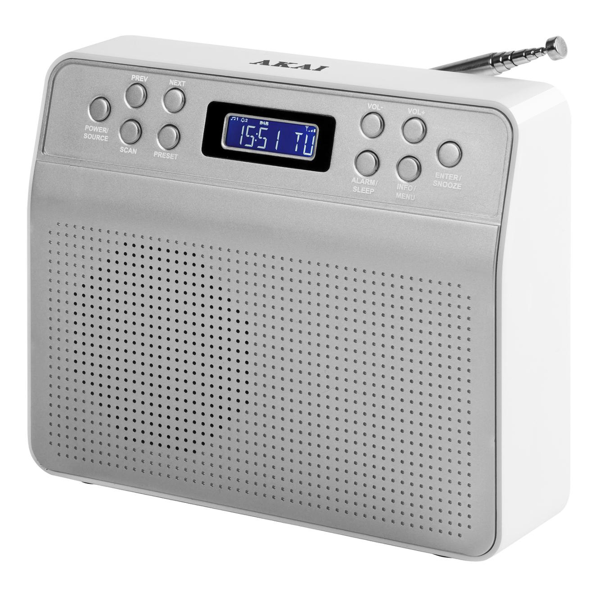 AKAI A60013 Portable DAB Radio with 20 Preset Stations in Silver Hughes